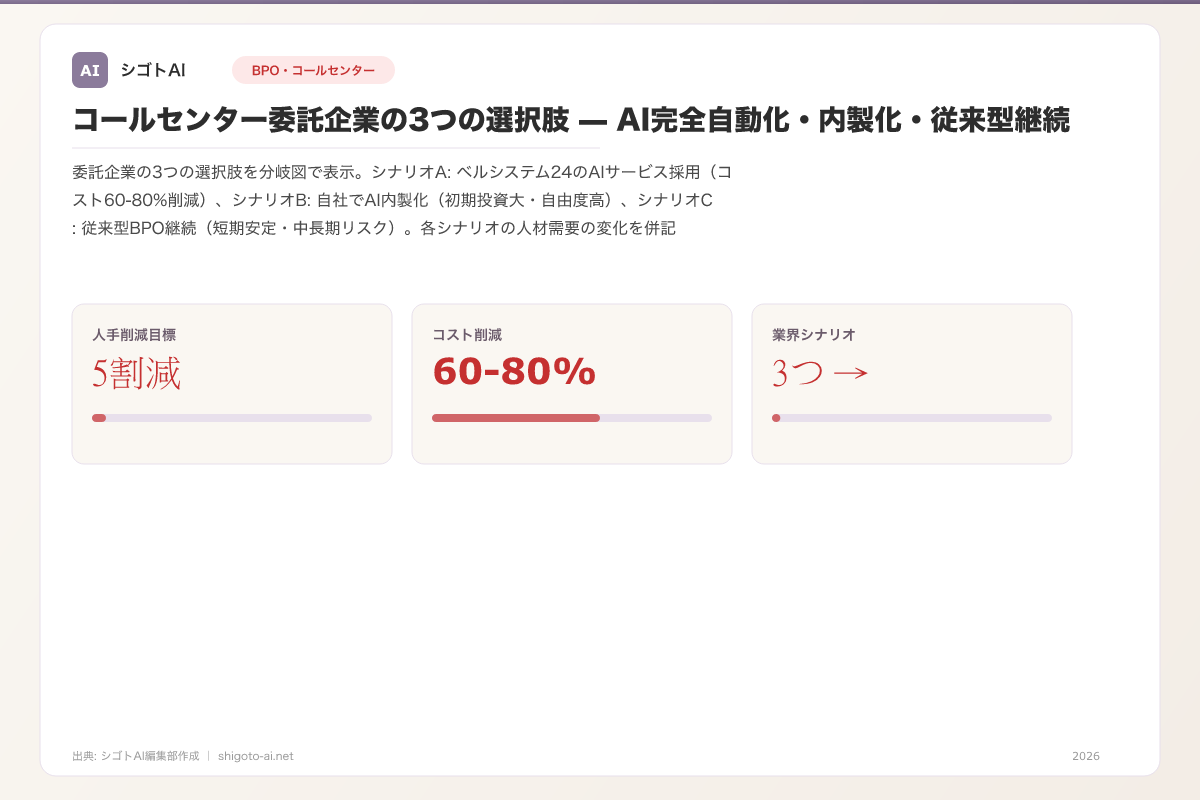コールセンター委託企業の3つの選択肢 — AI完全自動化・内製化・従来型継続