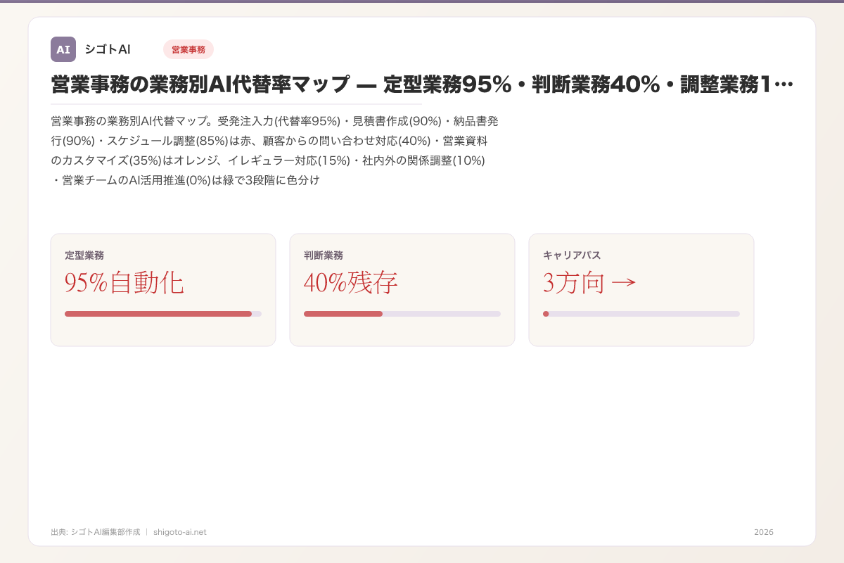 営業事務の業務別AI代替率マップ — 定型業務95%・判断業務40%・調整業務10%